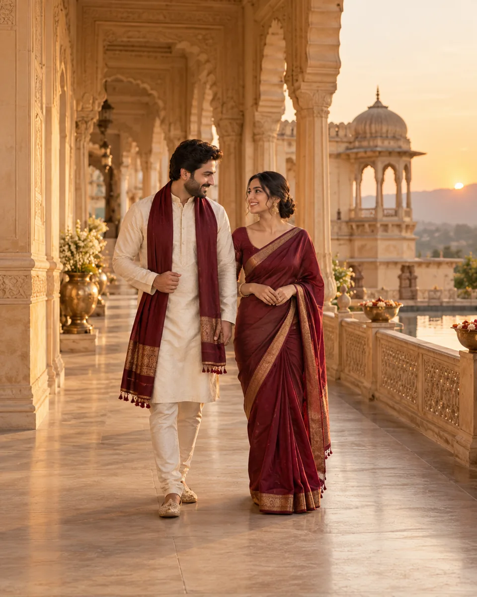 A fictional couple sharing a quiet walk through a sunlit palace corridor